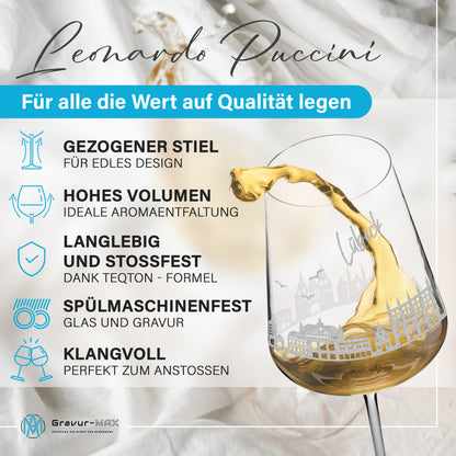 Weinglas mit Gravur Leonardo Puccini "SKYLINE LÜBECK" optional mit Wunschname