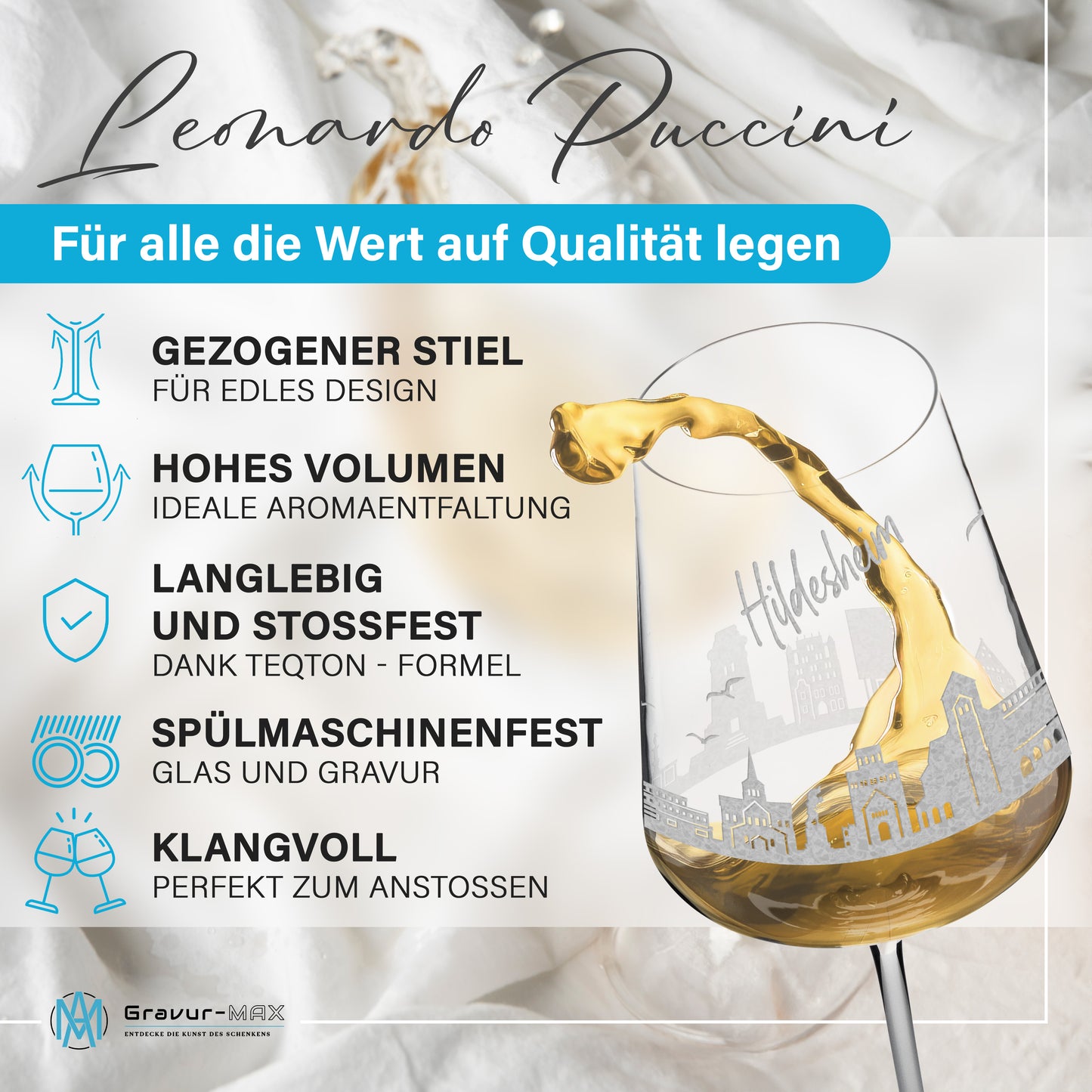 Weinglas mit Gravur Leonardo Puccini "SKYLINE HILDESHEIM" 2 Gläser optional mit Wunschname