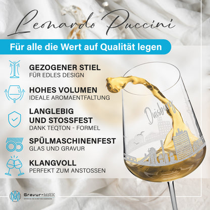 Weinglas mit Gravur Leonardo Puccini "SKYLINE DUISBURG" 2 Gläser optional mit Wunschname