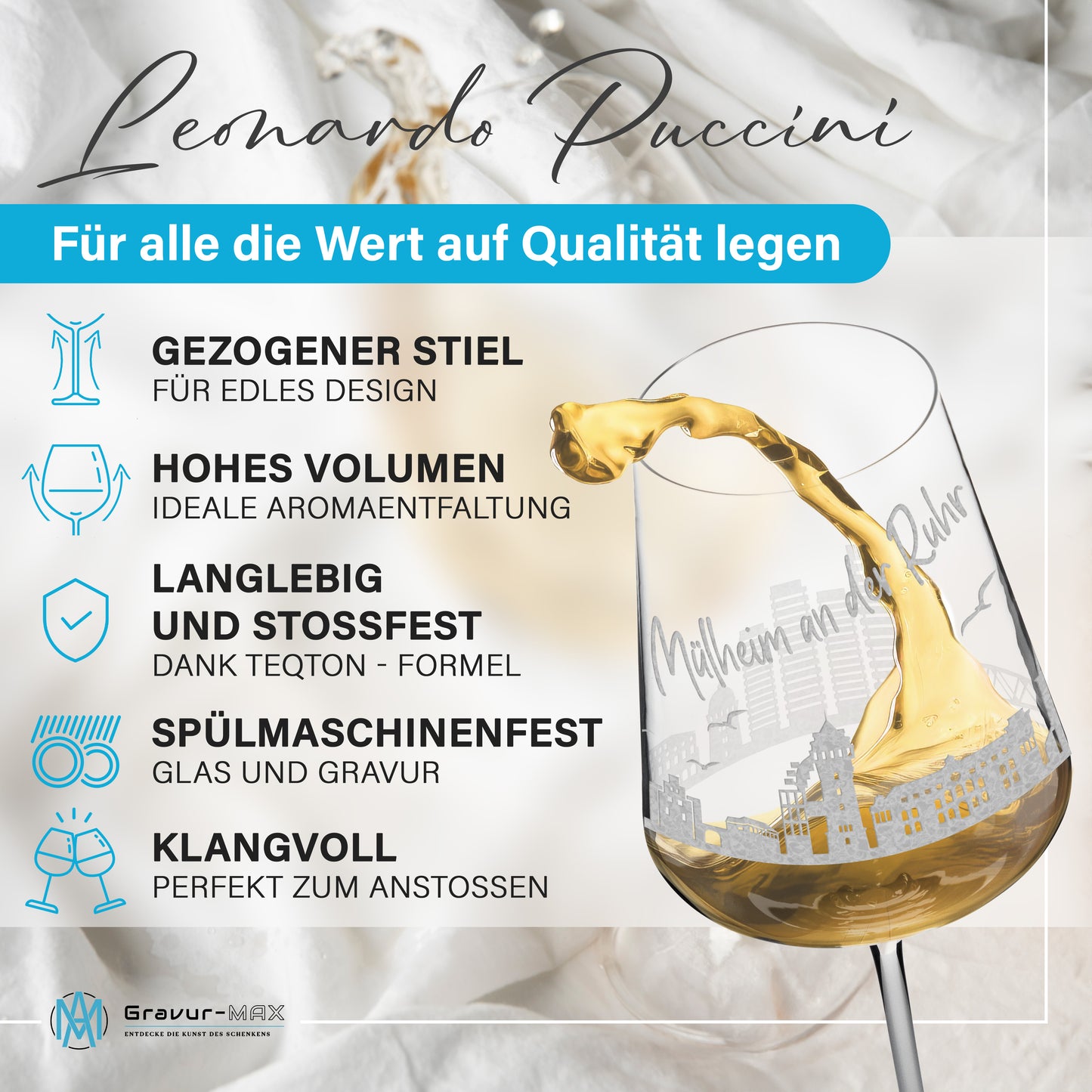 Weinglas mit Gravur Leonardo Puccini "SKYLINE MÜLHEIM AN DER RUHR" optional mit Wunschname