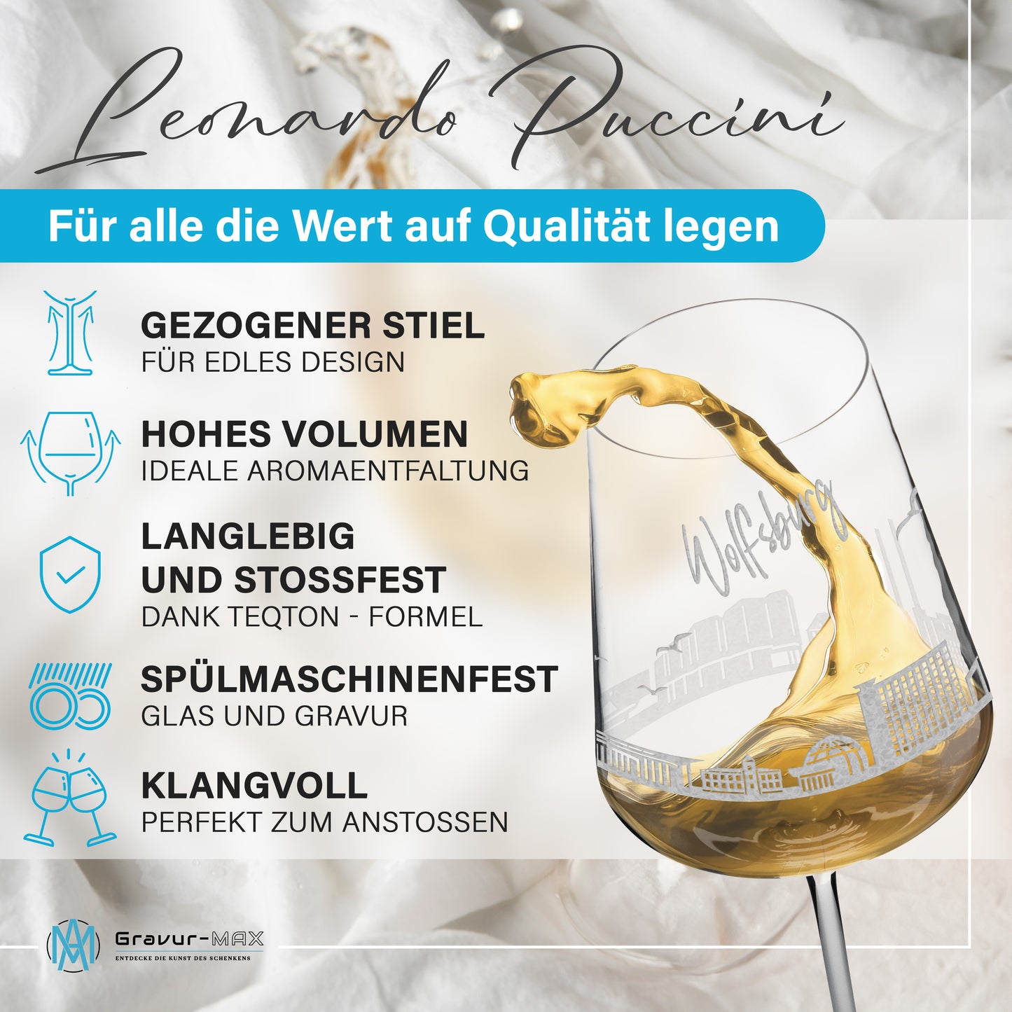Weinglas mit Gravur Leonardo Puccini "SKYLINE WOLFSBURG" 2 Gläser optional mit Wunschname