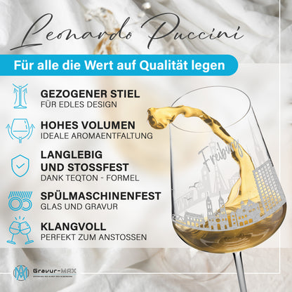 Weinglas mit Gravur Leonardo Puccini "SKYLINE FREIBURG" optional mit Wunschname