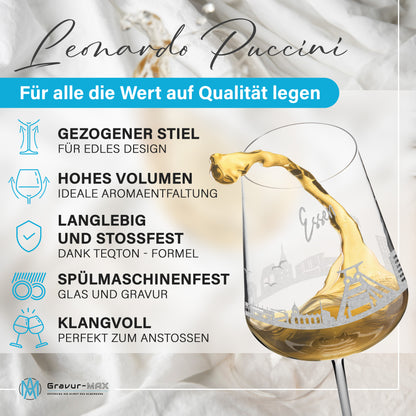 Weinglas mit Gravur Leonardo Puccini "SKYLINE ESSEN" optional mit Wunschname