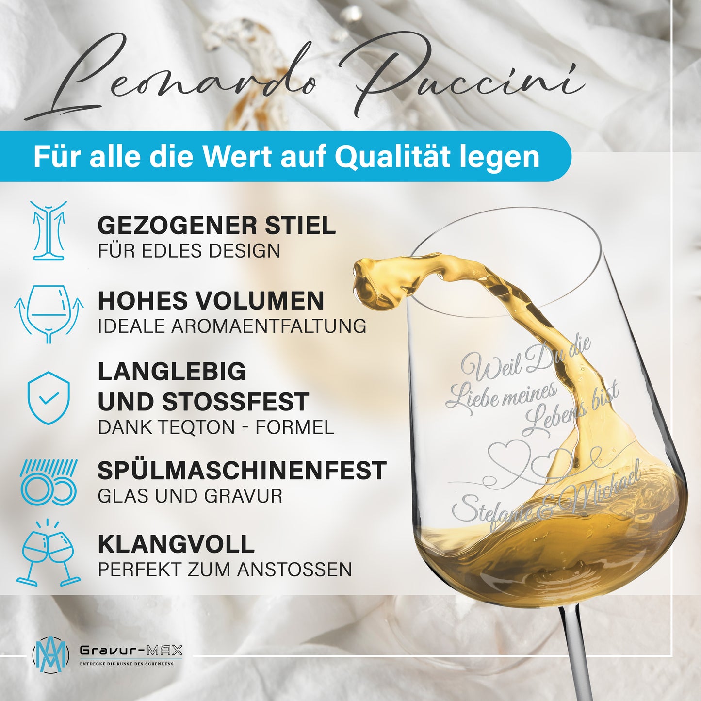 Weinglas mit Gravur Leonardo Puccini "WEIL DU DIE LIEBE MEINES LEBENS BIST" 2 Gläser mit Wunschname