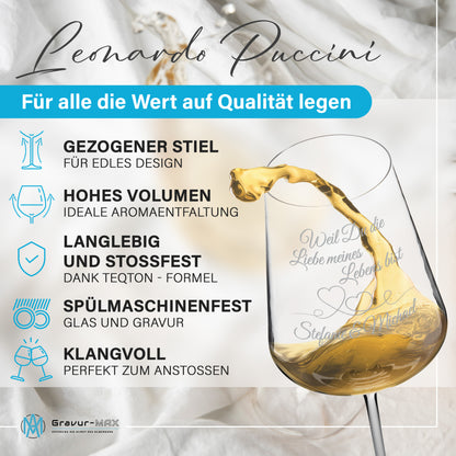 Weinglas mit Gravur Leonardo Puccini "WEIL DU DIE LIEBE MEINES LEBENS BIST" 2 Gläser mit Wunschname