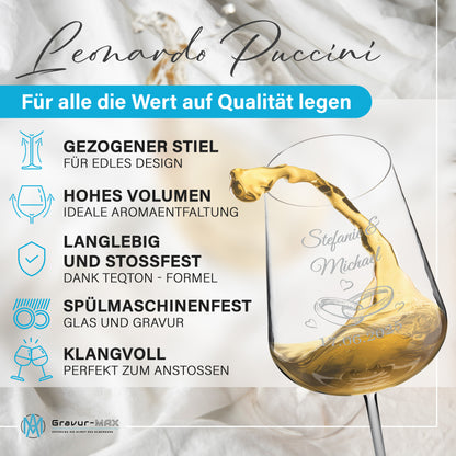 Weinglas mit Gravur Leonardo Puccini "HOCHZEITS RINGE" 2 Gläser mit Wunschname & Datum