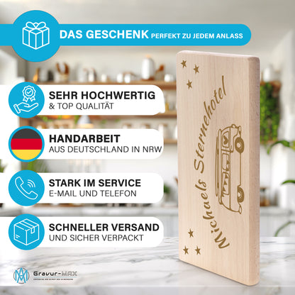 Frühstücksbrettchen mit Gravur Camping "BULLI STERNEHOTEL" mit Wunschname
