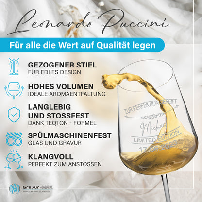 Weinglas mit Gravur Leonardo Puccini "ZUR PERFEKTION GEREIFT" 2 Gläser mit Wunschname & Datum
