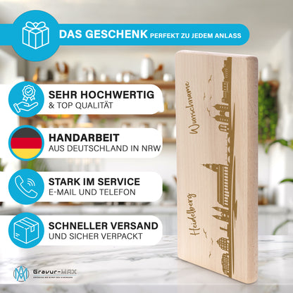 Frühstücksbrettchen 220x120mm mit Gravur mit der Skyline von Heidelberg personalisierbar mit Wunschname