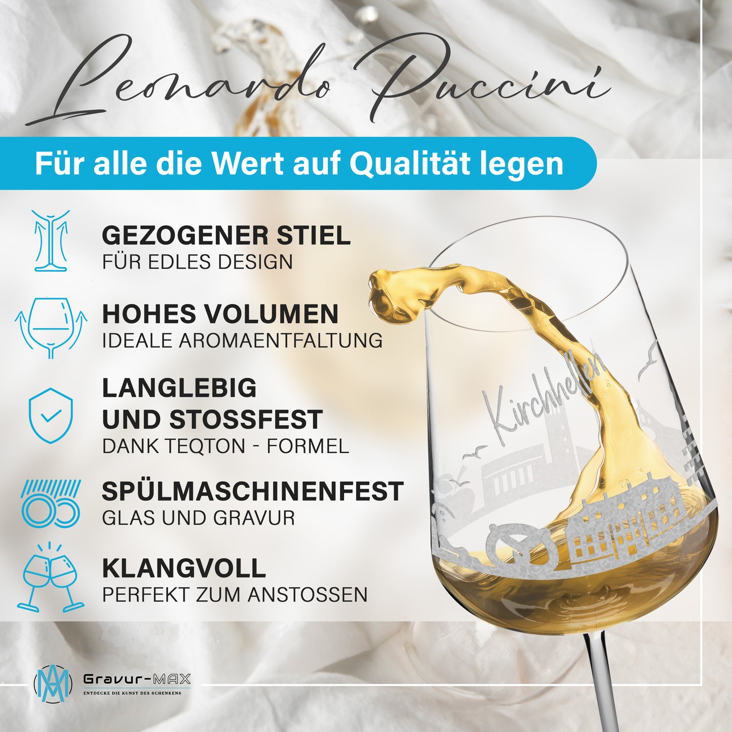 Weinglas mit Gravur Leonardo Puccini "SKYLINE KIRCHHELLEN" optional mit Wunschname