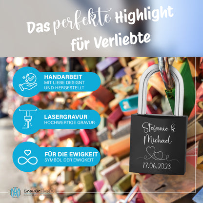Liebesschloss in Schwarz mit Gravur "Herz" personalisiert mit Wunschnamen in 6 ver. Farben