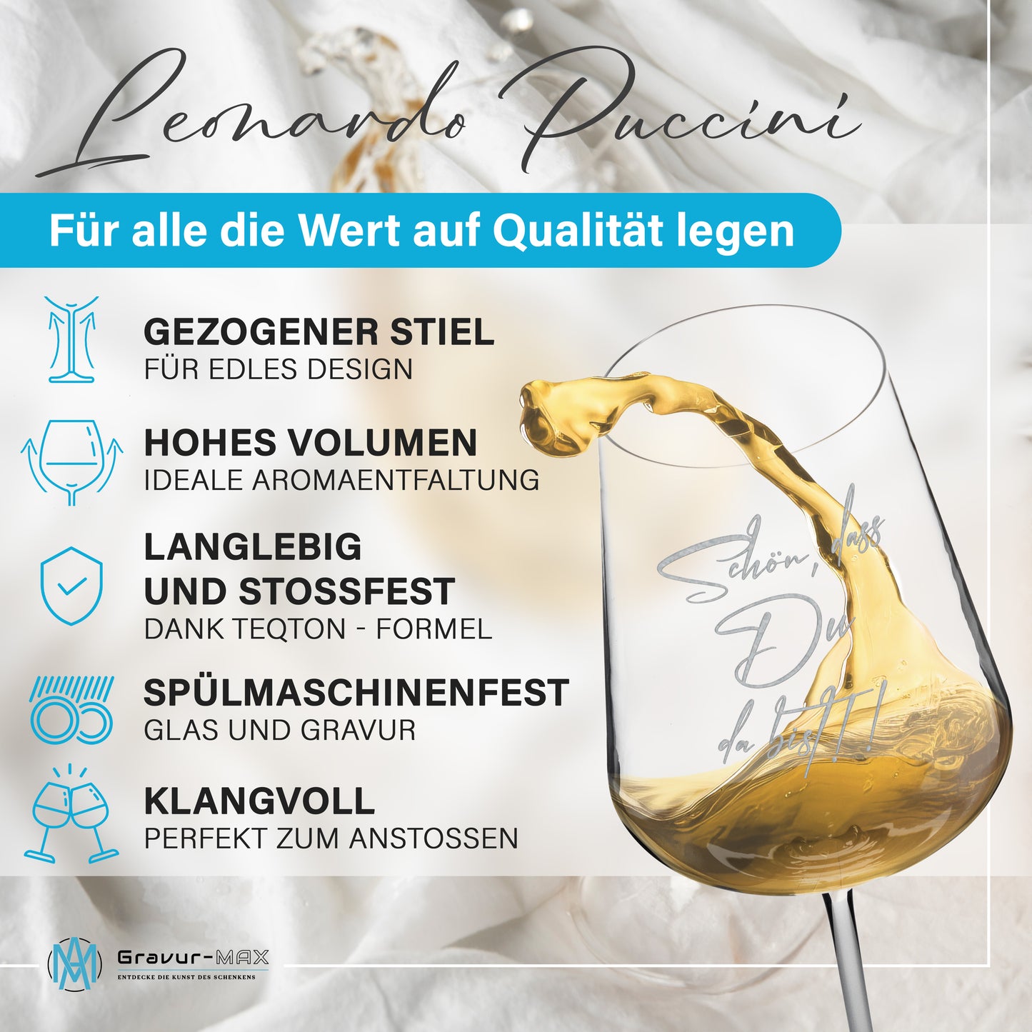 Weinglas mit Gravur Leonardo Puccini "SCHÖN, DASS DU DA BIST!!" 2 Gläser