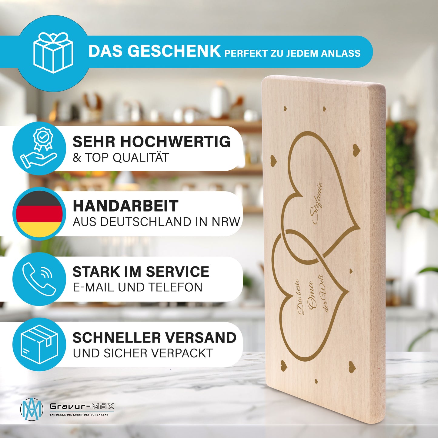 Frühstücksbrettchen mit Gravur Herzen "DIE BESTE OMA DER WELT" mit Wunschname