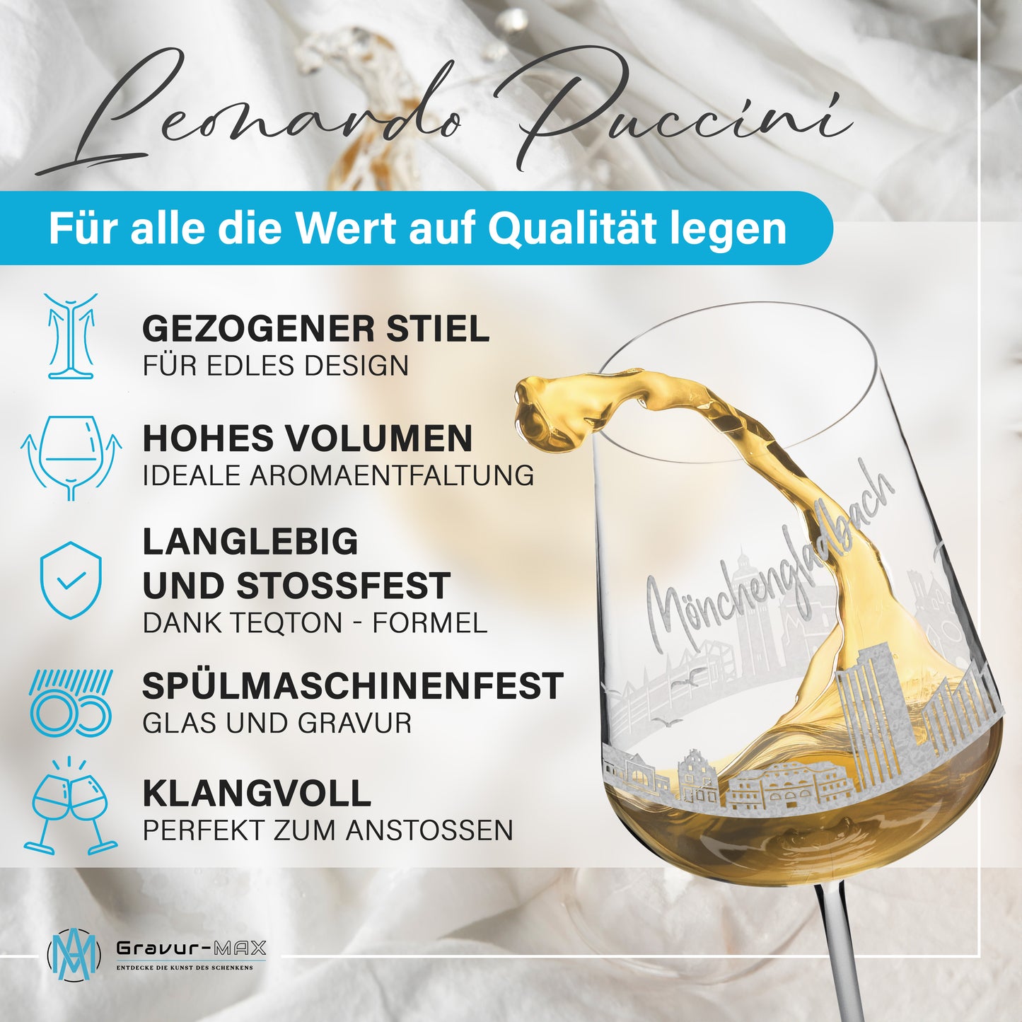 Weinglas mit Gravur Leonardo Puccini "SKYLINE MÖNCHENGLADBACH" optional mit Wunschname