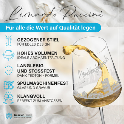 Weinglas mit Gravur Leonardo Puccini "SKYLINE MÖNCHENGLADBACH" optional mit Wunschname