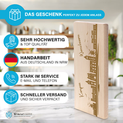 Frühstücksbrettchen 220x120mm mit Gravur mit der Skyline von Kempen personalisierbar mit Wunschname