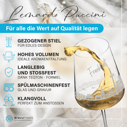Weinglas mit Gravur Leonardo Puccini "SKYLINE FRANKFURT" optional mit Wunschname
