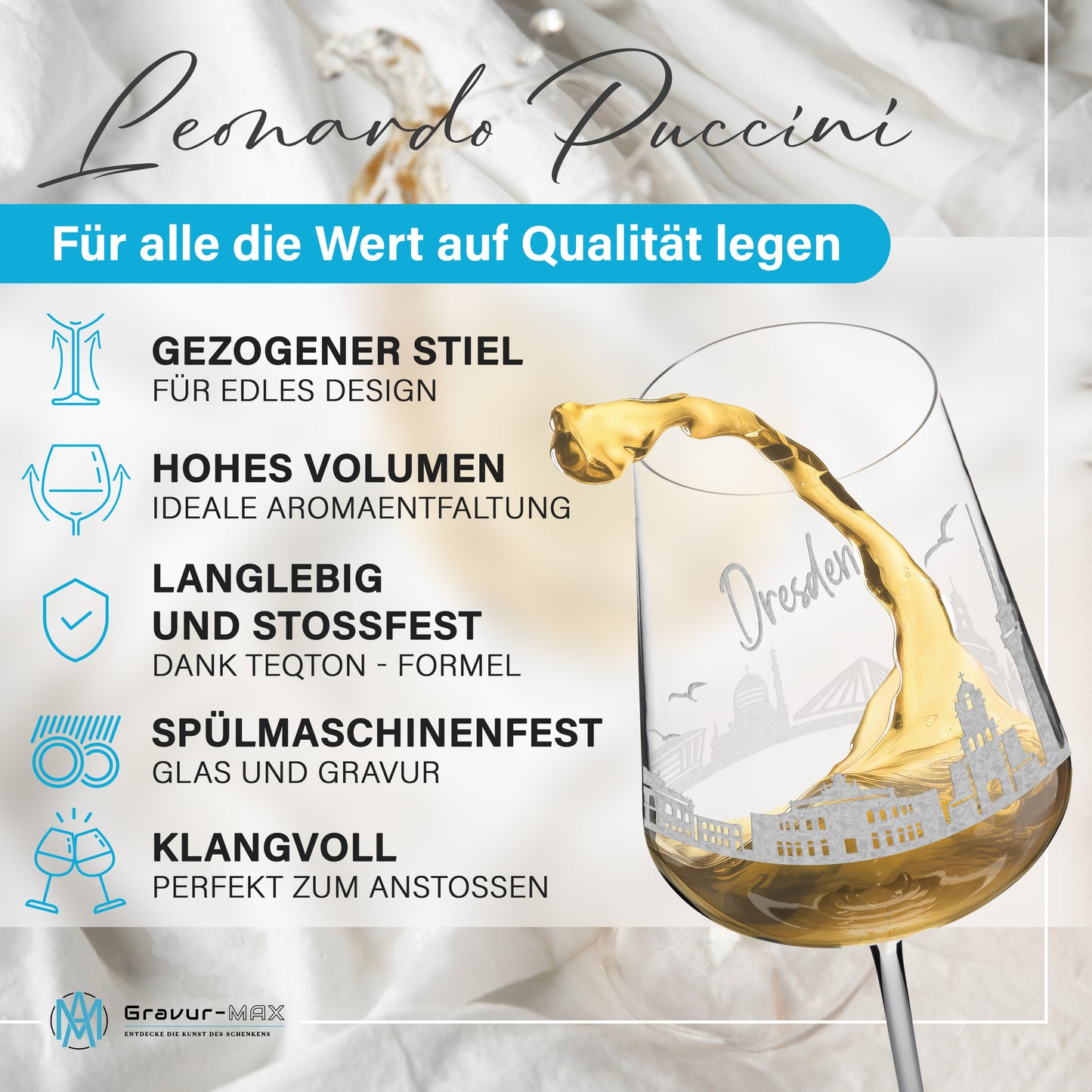 Weinglas mit Gravur Leonardo Puccini "SKYLINE DRESDEN" optional mit Wunschname