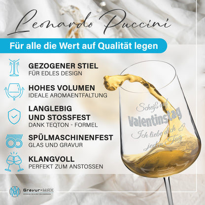Weinglas mit Gravur Leonardo Puccini "SCHEIß AUF VALENTINSTAG ICH LIEBE DICH JEDEN TAG" 2 Gläser