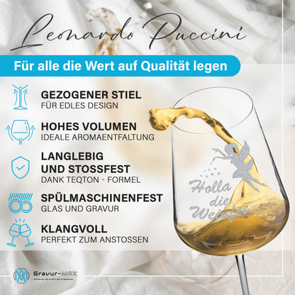 Weinglas mit Gravur Leonardo Puccini "HOLLA DIE WEINFEE" 2 Gläser