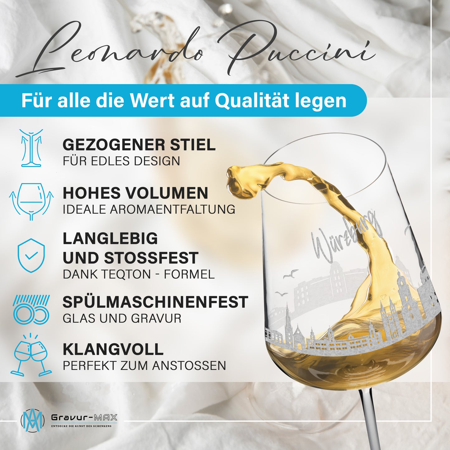 Weinglas mit Gravur Leonardo Puccini "SKYLINE WÜRZBURG" optional mit Wunschname