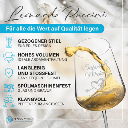 Weinglas mit Gravur Leonardo Puccini "LIEBES GLAS HERZ3" 2 Gläser und Holzbox groß mit Wunschname & Datum