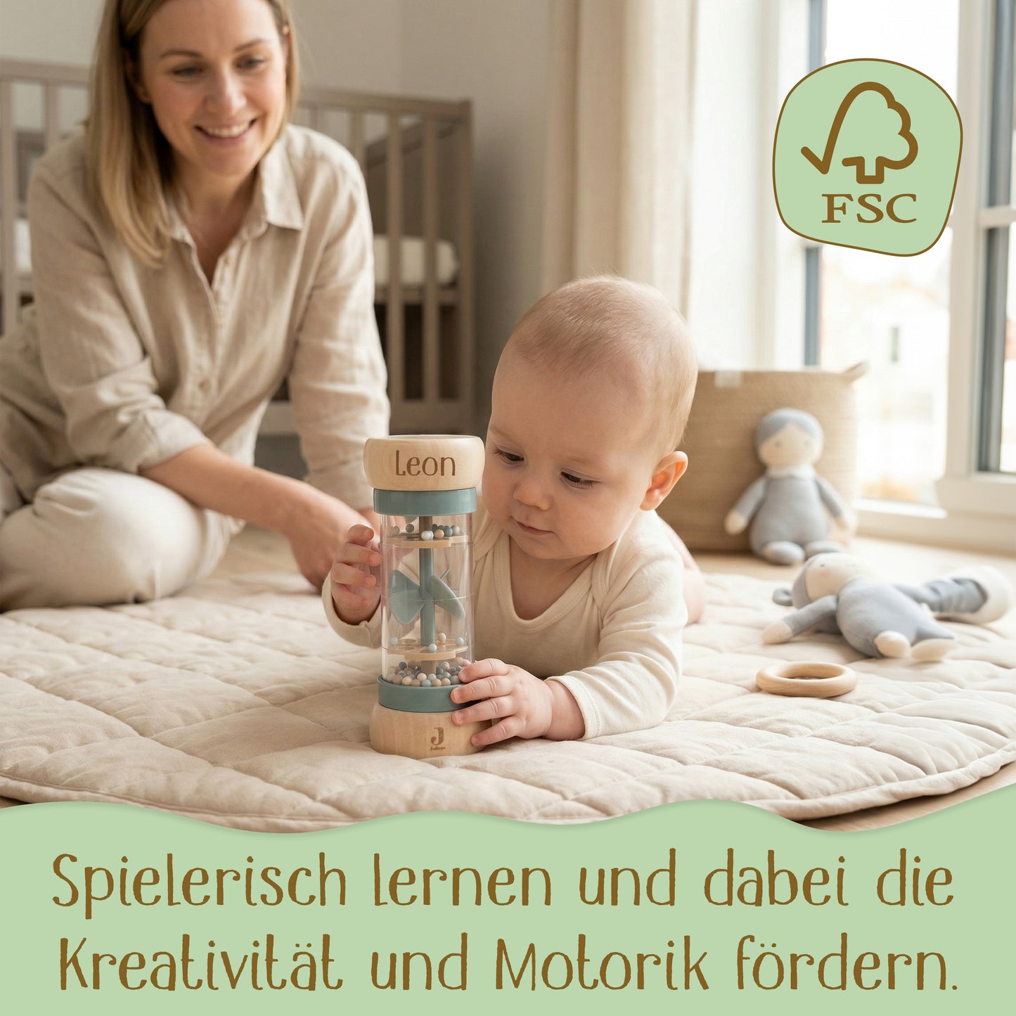 Jollein Regenmacher Blau personalisierbar mit Name aus FSC-Holz - Babyrassel - Babygeschenk zur Geburt oder Taufe