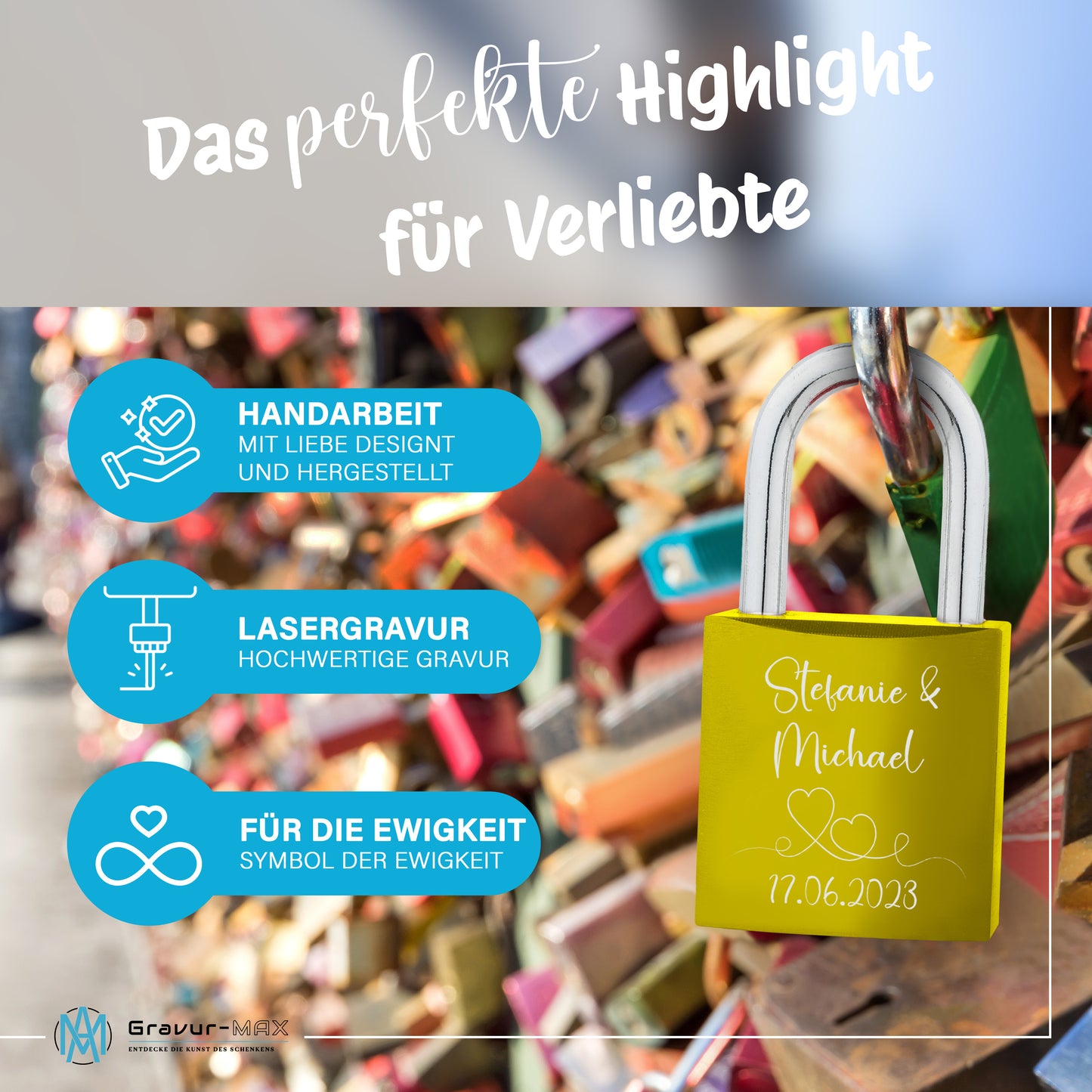 Liebesschloss in Gelb mit Gravur "Herzen" personalisiert mit Wunschnamen in 6 ver. Farben