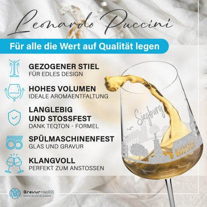 Weinglas mit Gravur Leonardo Puccini "SKYLINE SIEBGURG" optional mit Wunschname