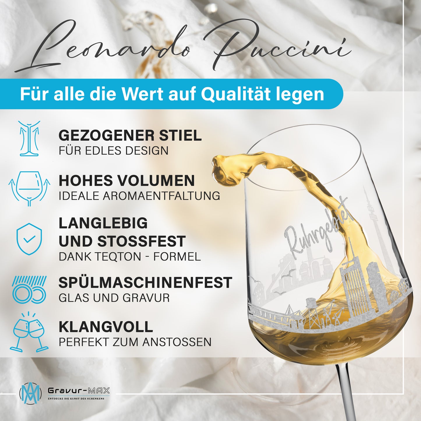 Weinglas mit Gravur Leonardo Puccini "SKYLINE RUHRGEBIET" 2 Gläser optional mit Wunschname