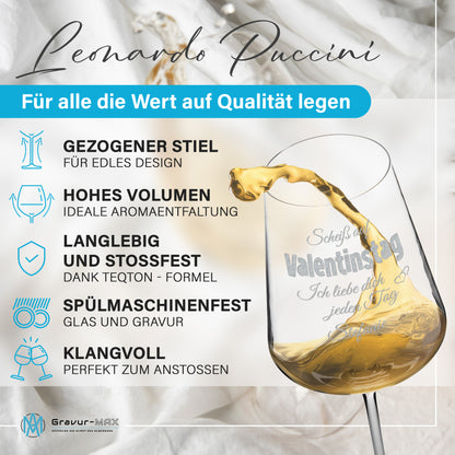Weinglas mit Gravur Leonardo Puccini "SCHEIß AUF VALENTINSTAG ICH LIEBE DICH JEDEN TAG" mit Wunschname