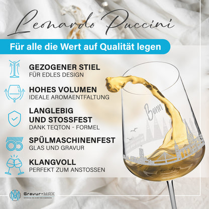Weinglas mit Gravur Leonardo Puccini "SKYLINE BONN" 2 Gläser optional mit Wunschname