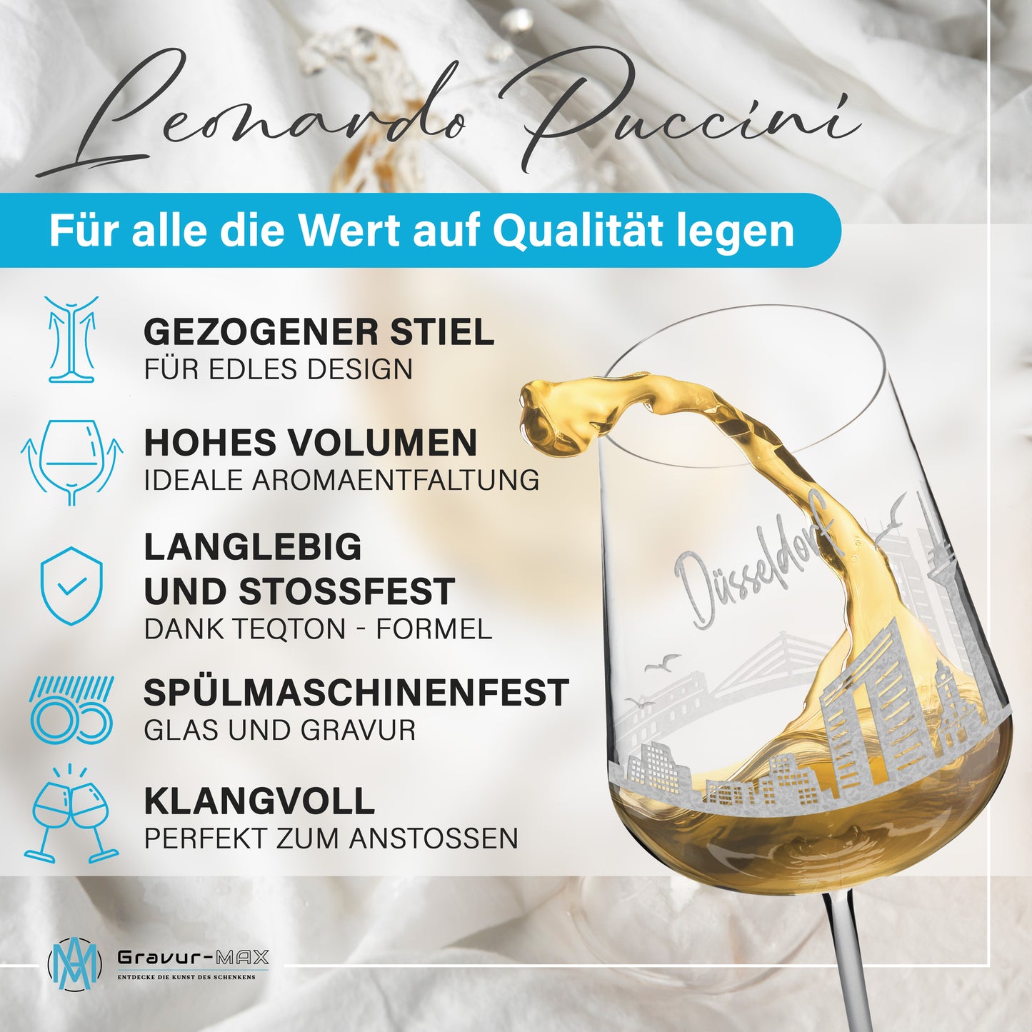 Weinglas mit Gravur Leonardo Puccini "SKYLINE DÜSSELDORF" 2 Gläser optional mit Wunschname