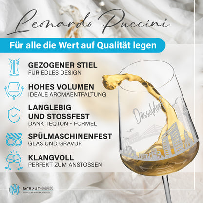 Weinglas mit Gravur Leonardo Puccini "SKYLINE DÜSSELDORF" 2 Gläser optional mit Wunschname
