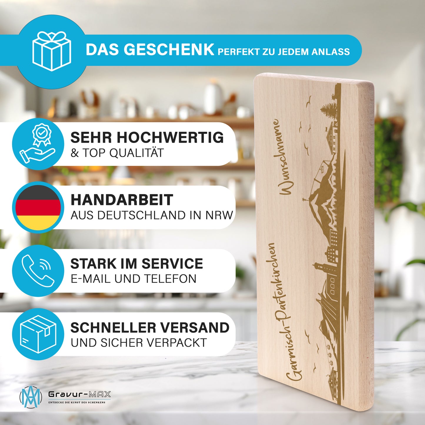 Frühstücksbrettchen 220x120mm mit Gravur mit der Skyline von Garmisch-Partenkirchen personalisierbar mit Wunschname