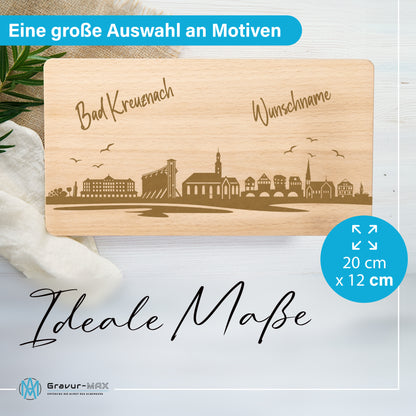 Frühstücksbrettchen 220x120mm mit Gravur mit der Skyline von Bad Kreuznach personalisierbar mit Wunschname