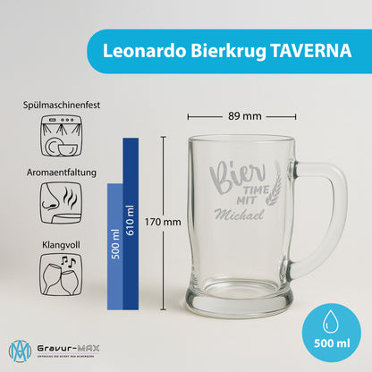 Bierkrug 0,5L mit Gravur Leonardo Taverna Bierglas "Bier time mit" 2 Gläser mit Wunschname