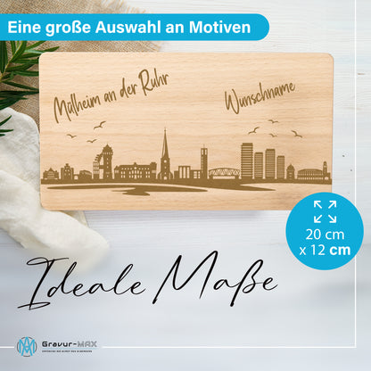 Frühstücksbrettchen 220x120mm mit Gravur mit der Skyline von Mülheim an der Ruhr personalisierbar mit Wunschname