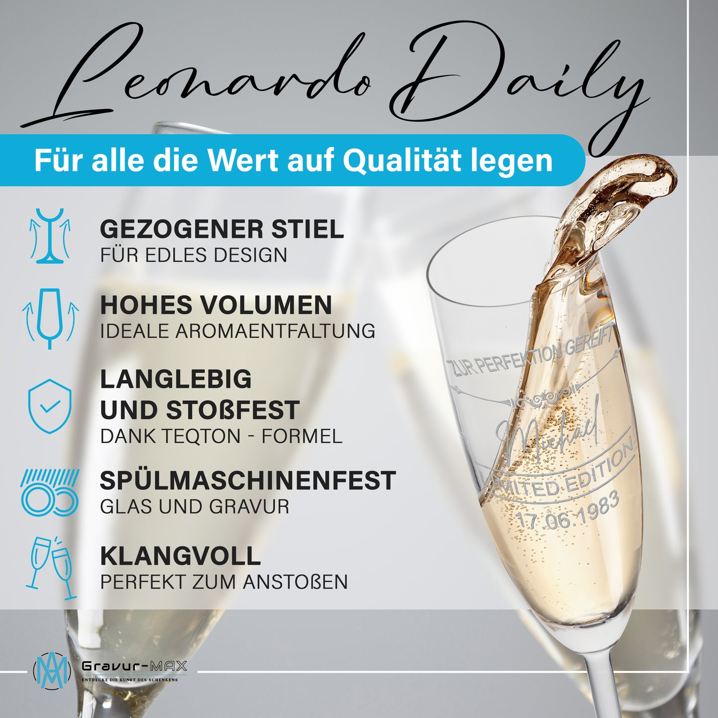 Sektglas mit Gravur Leonardo Daily "ZUR PERFEKTION GEREIFT" 2 Gläser mit Wunschname & Datum
