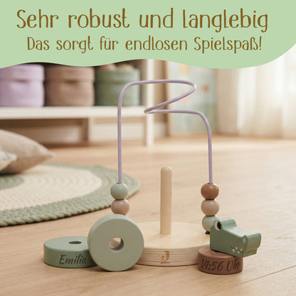 Jollein Aktivitätsspirale Kroko personalisierbar mit Name & Datum aus FSC-Holz - Motorikspielzeug - Babygeschenk zur Geburt oder Taufe