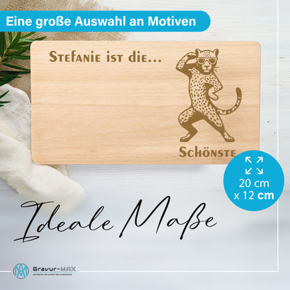 Frühstücksbrettchen mit Gravur Leopard "… ist die SCHÖNSTE" mit Wunschname