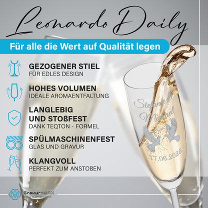 Sektglas mit Gravur Leonardo Daily "LIEBESGLAS TAUBE" 2 Gläser mit Wunschname & Datum