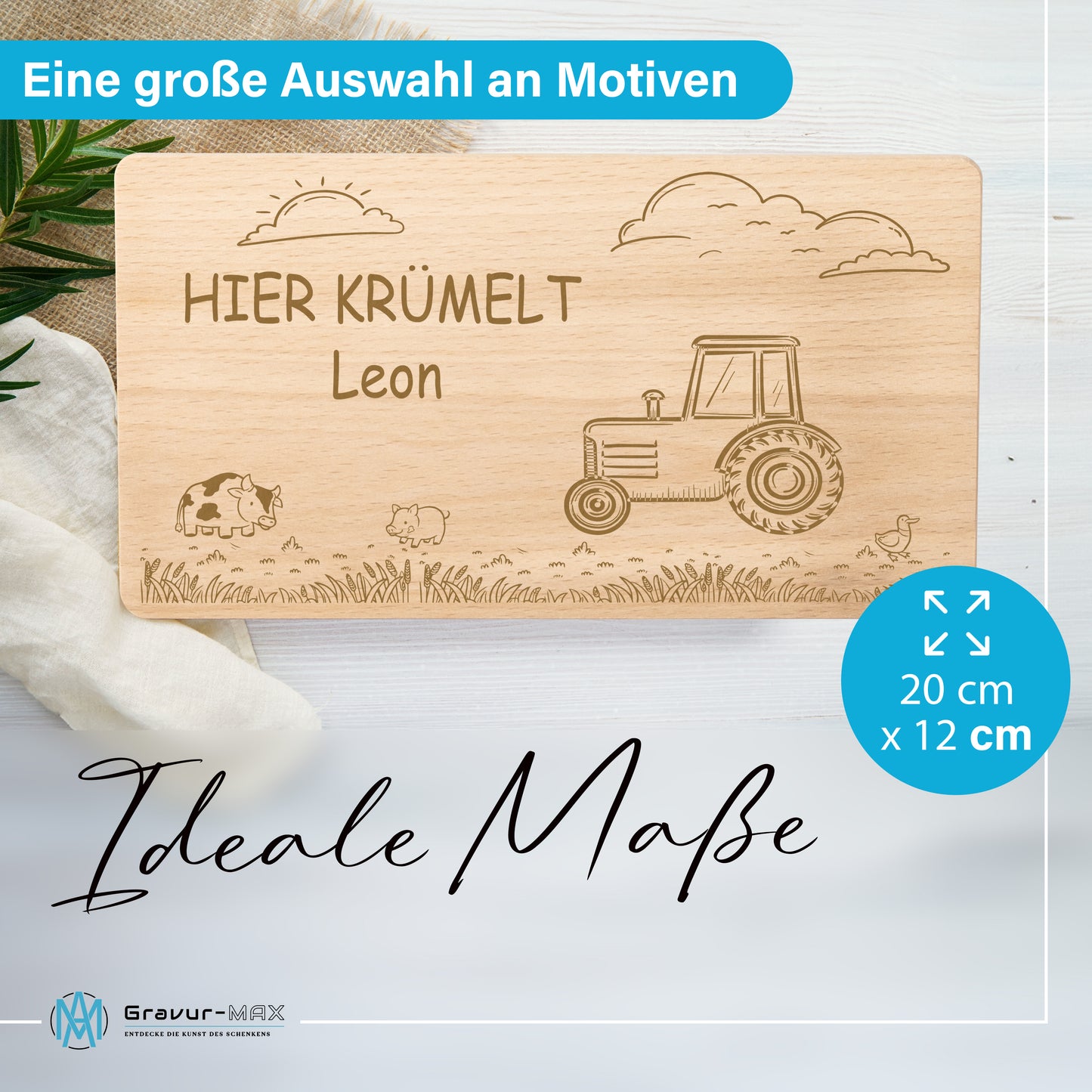 Frühstücksbrettchen mit Gravur Traktor "HIER KRÜMELT" mit Wunschname