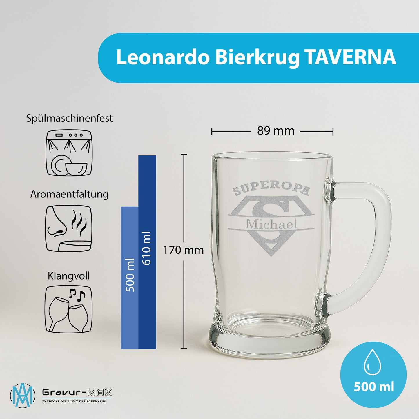 Bierkrug 0,5L mit Gravur Leonardo Taverna Bierglas "Superopa" mit Wunschname