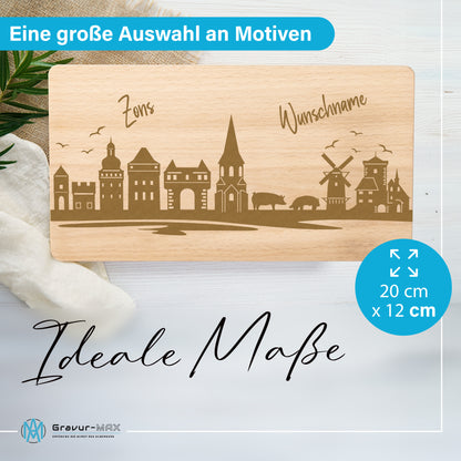 Frühstücksbrettchen 220x120mm mit Gravur mit der Skyline von Zons (Dormagen) personalisierbar mit Wunschname