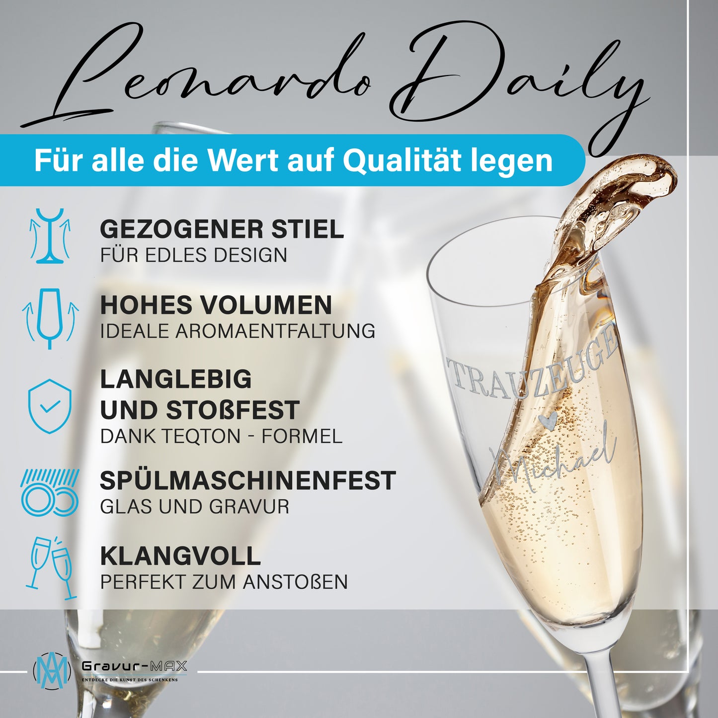 Sektglas mit Gravur Leonardo Daily "DEINE WUNSCHNAMEN oder TEXT MIT HERZ" mit Wunschname
