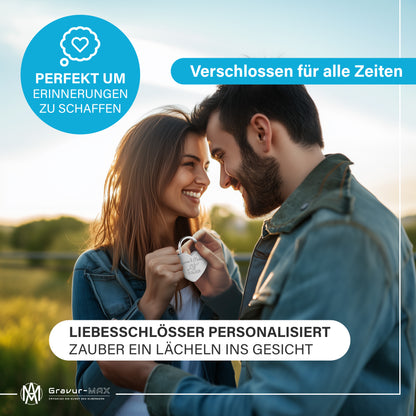 Herzschloss in Silber mit Gravur "Unendlich in LOVE" Liebesschloss personalisiert mit Wunschnamen in 4 ver. Farben