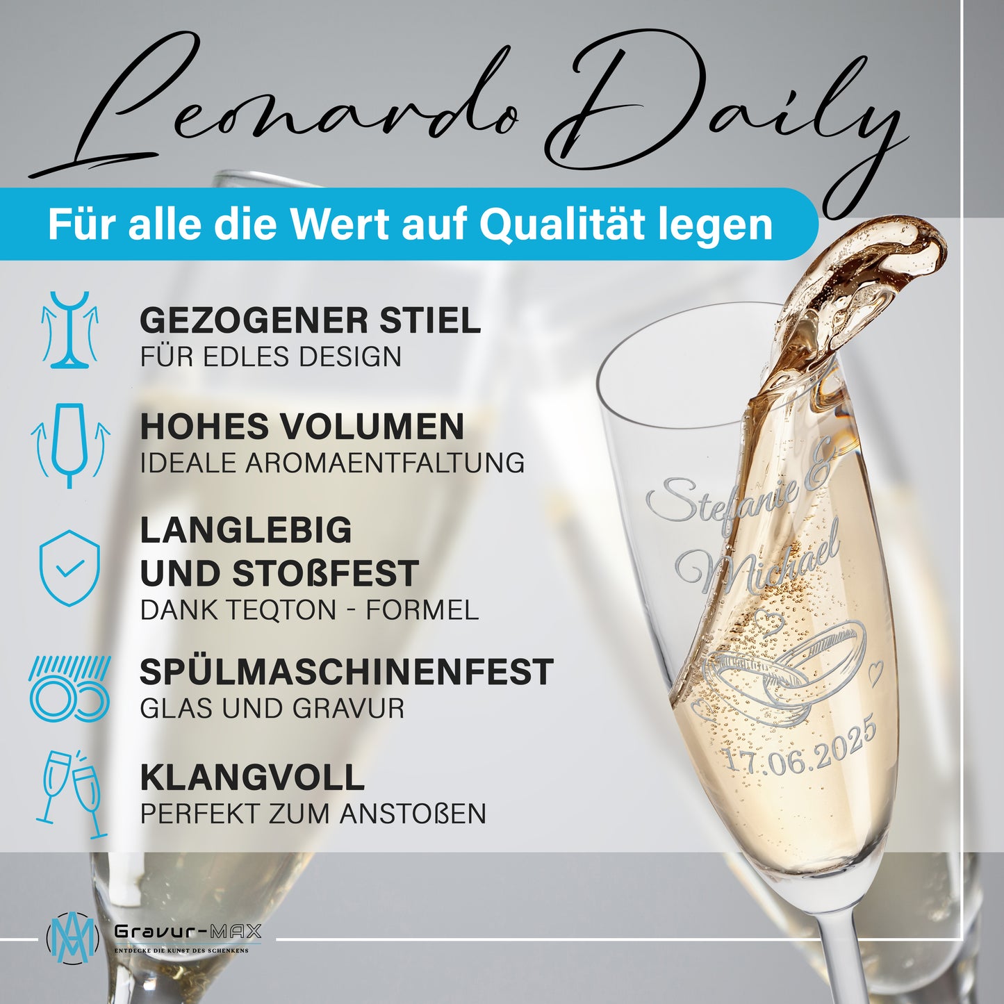 Sektglas mit Gravur Leonardo Daily "HOCHZEITS RINGE" 2 Gläser mit Wunschname & Datum