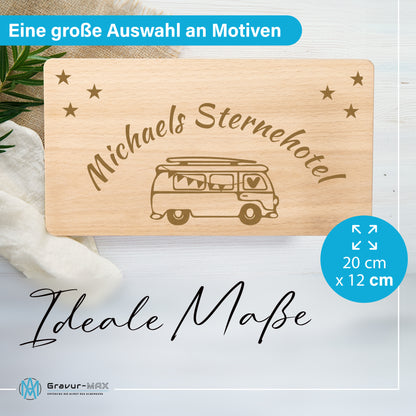 Frühstücksbrettchen mit Gravur Camping "BULLI STERNEHOTEL" mit Wunschname