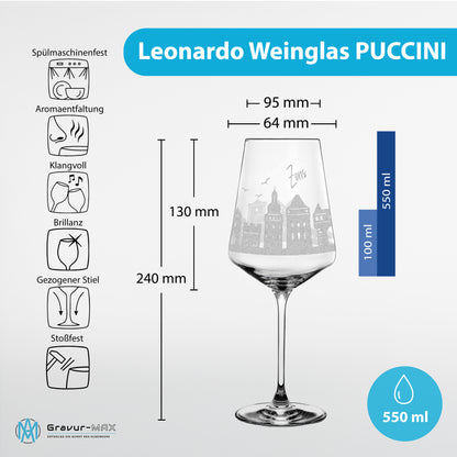 Weinglas mit Gravur Leonardo Puccini "SKYLINE DORMAGEN ZONS" 2 Gläser optional mit Wunschname